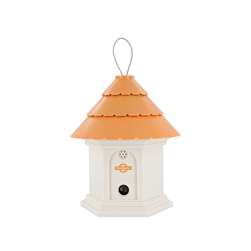 Dispositivo antiladrido ultrasónico PetSafe para uso en exteriores con diseño de caseta decorativa.