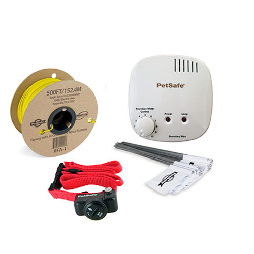 Kit completo de cerco invisible PetSafe para perros medianos con cable, transmisor y collar receptor.